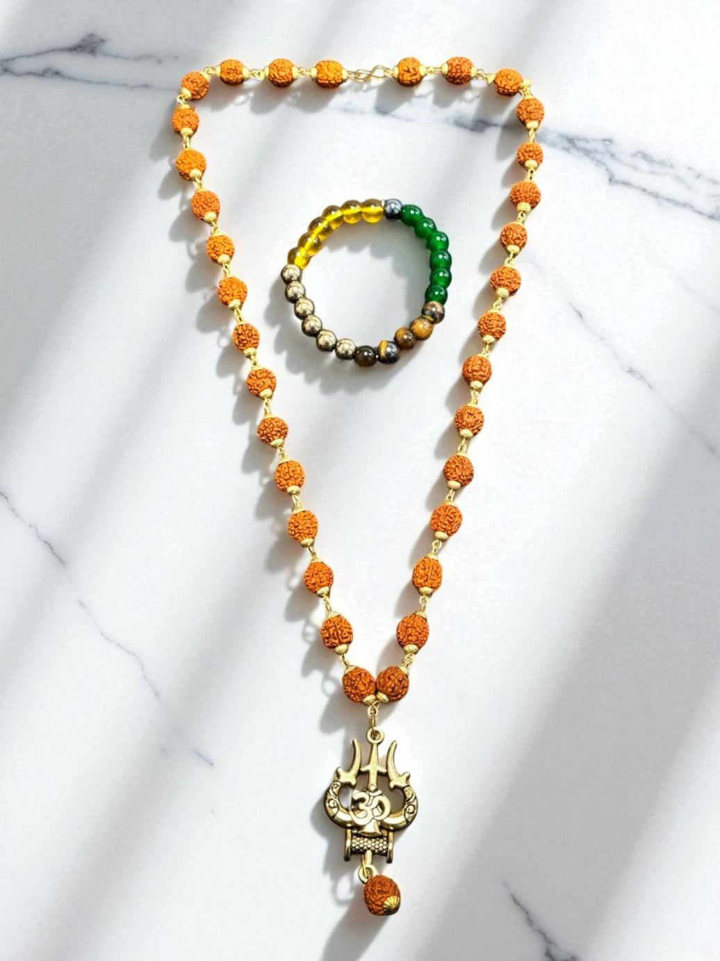 Combo of OM Shiva Trishool Rudraksha Necklace & Dhan Yog Bracelet + Free Gifts