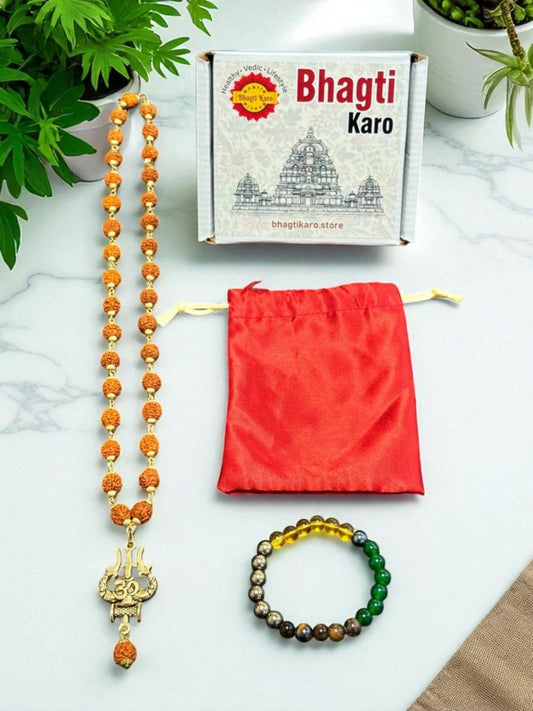 Combo of OM Shiva Trishool Rudraksha Necklace & Dhan Yog Bracelet + Free Gifts