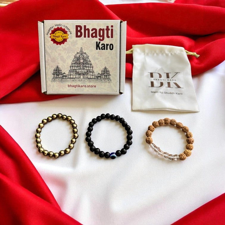 Combo of Pyrite Bracelet, Evil Eye Bracelet & Rudraksha with Clear Crystals Bracelets + Free Gifts