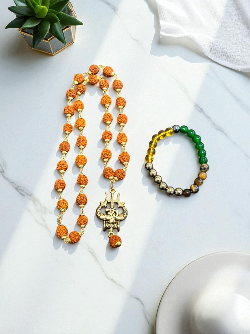 Combo of OM Shiva Trishool Rudraksha Necklace & Dhan Yog Bracelet + Free Gifts