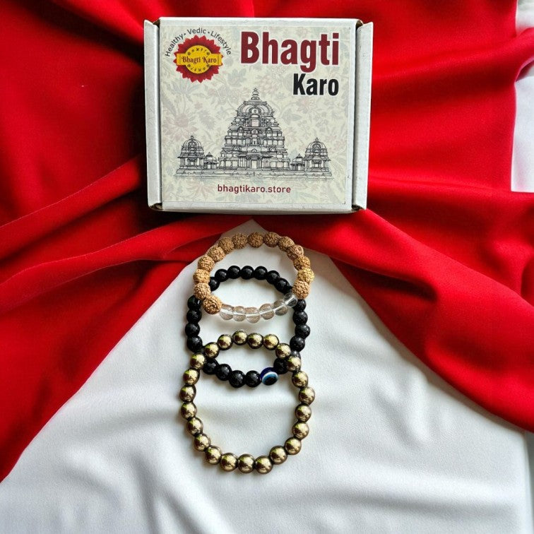 Combo of Pyrite Bracelet, Evil Eye Bracelet & Rudraksha with Clear Crystals Bracelets + Free Gifts
