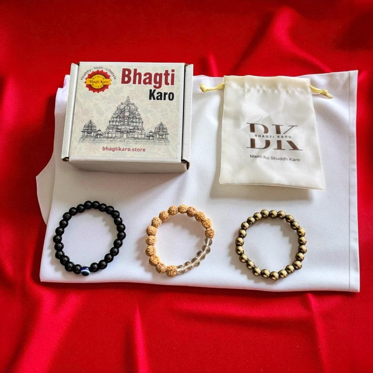 Combo of Pyrite Bracelet, Evil Eye Bracelet & Rudraksha with Clear Crystals Bracelets + Free Gifts